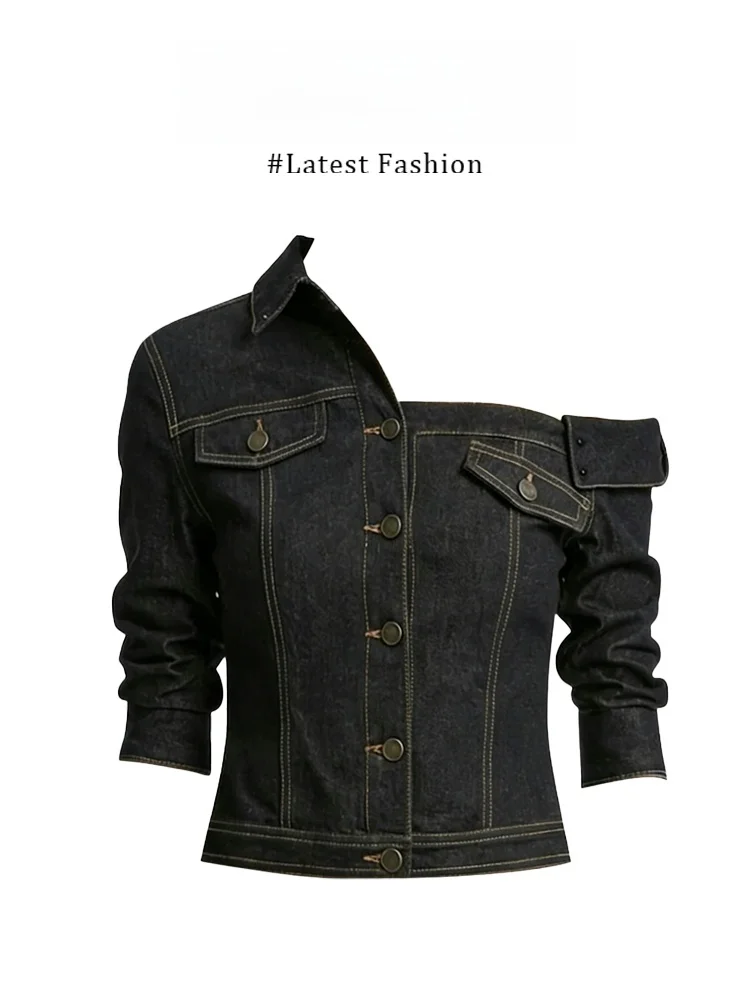 

Parkyeon American Retro Asymmetric Shoulder Denim Shirt Spring New Style Mid-Sleeve Personality Women's Fashion Casual Shirt