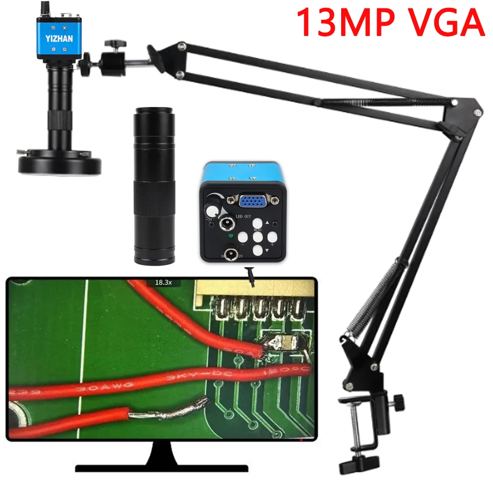 13MP VGA Industrial Microscope 1080P + Zoom 1-150X C-mount Lens + Brightness Adjustable Light Big Vision For Phone Repair