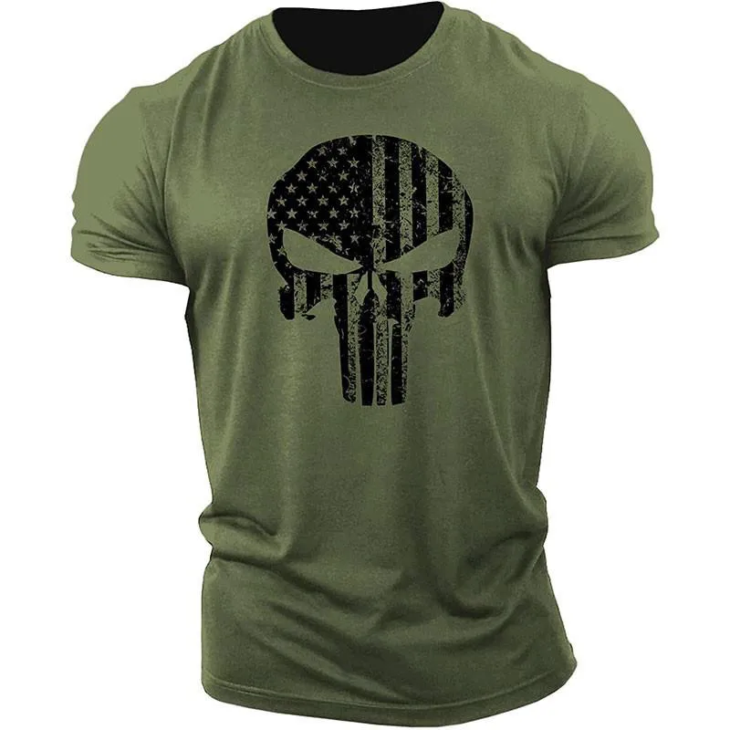 Men\'s 3D Skull Printed T-shirt, Casual Short Sleeved Sweatshirt, Fast Drying in Summer, Military Green Clothes Oversize 6XL2023