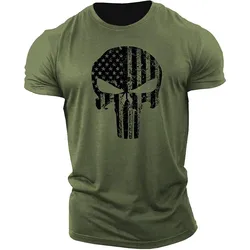 Men's 3D Skull Printed T-shirt, Casual Short Sleeved Sweatshirt, Fast Drying in Summer, Military Green Clothes Oversize 6XL2023