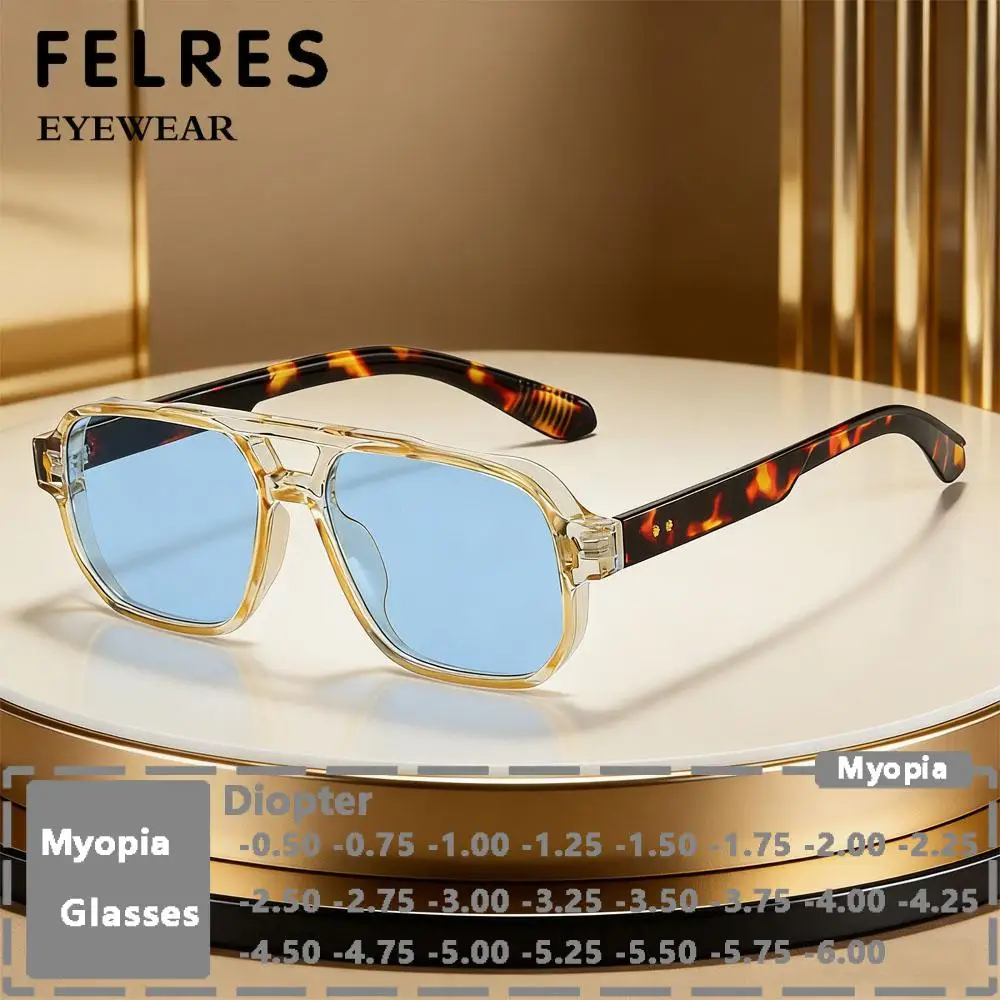 Double Bridge Blue Lens Sunglasses Negative Strength Myopia Eyewear Men Stylish Tinted Prescription Shade Nearsighted Glasses