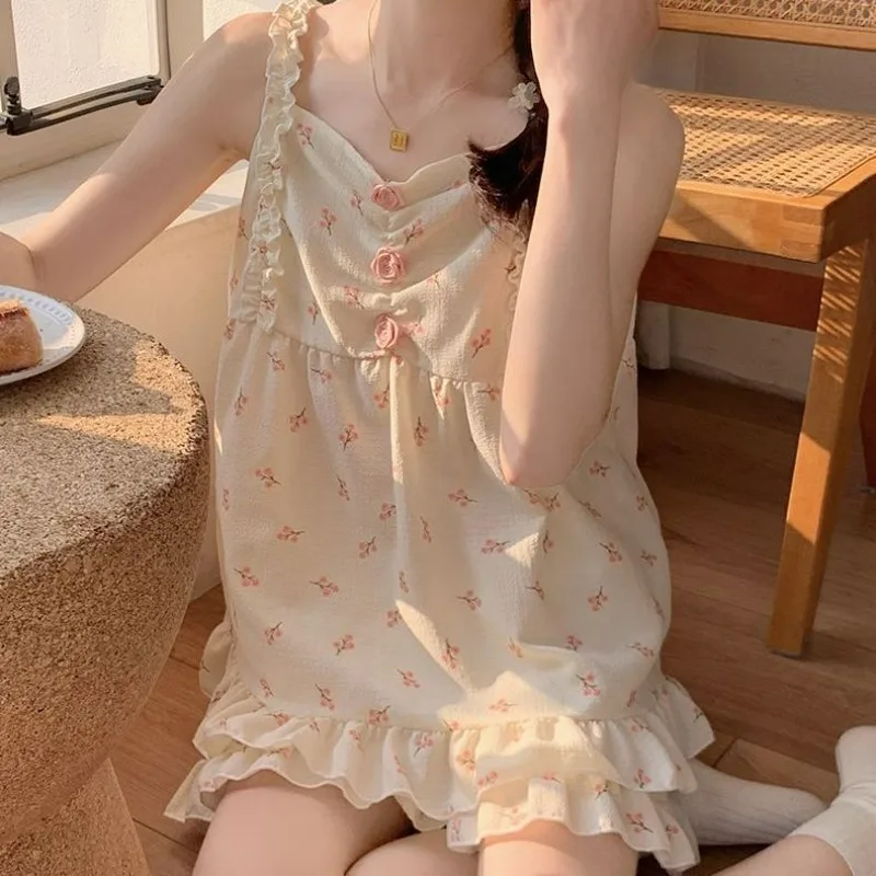 Floral Sleepwear Women Pajama Sets Korean Piiama Summer Set 2 Pieces Night Wear Sleeping Spaghetti Strap Student Home Suit 2024