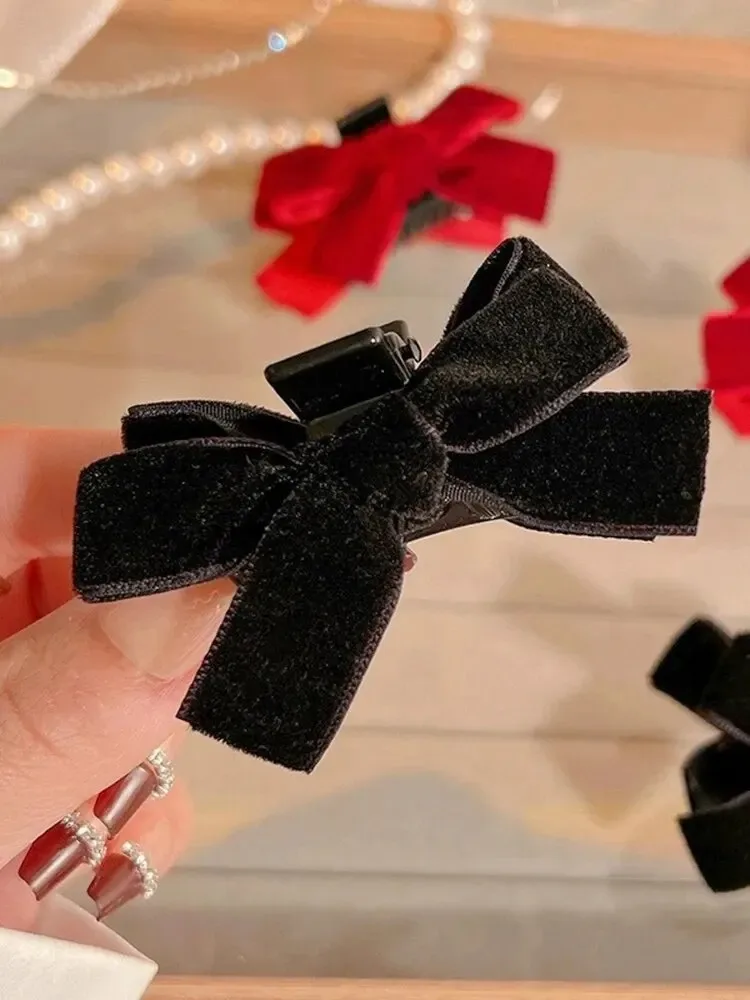 2pcs Black Bow Small Grab Clip Women's Autumn And Winter Vintage Velvet Bangle Clip Hair Clip Style Princess Hair Clip Headwear image 2