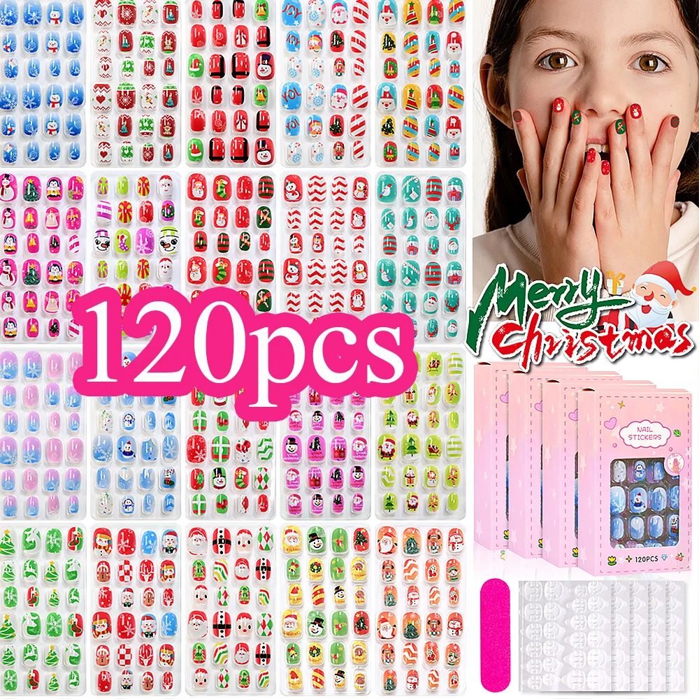 

120 шт./кор. (24*5) милые рождественские детские накладные ногти с полным покрытием, глянцевая снежинка, Санта-Клаус, короткие квадратные рождественские накладные ногти, декор ﻿