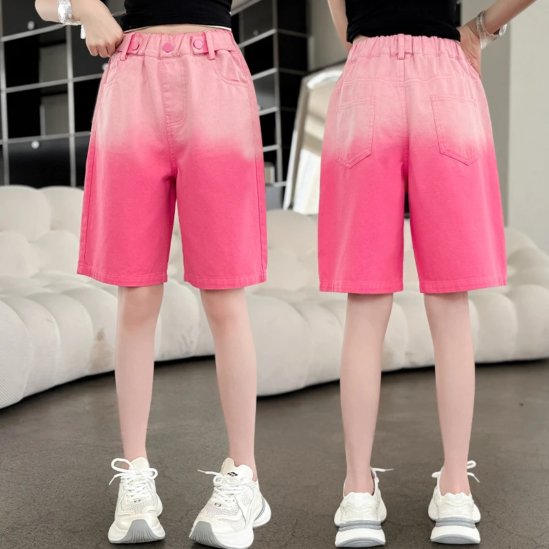 

Kids Child New Design Fashion Gradient Pink Denim Shorts for Teens Girl High Quality Summer Cotton Knee Length Pants Age 5-14 Y