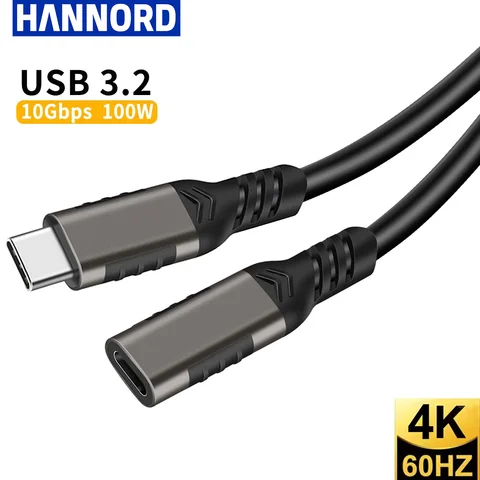 Hannord USB3.2 Gen2 연장 케이블 유형 C 남성-여성 10Gbps 100W MacBook Pro 용 고속 충전 연장 코드 Samsung Xiaomi