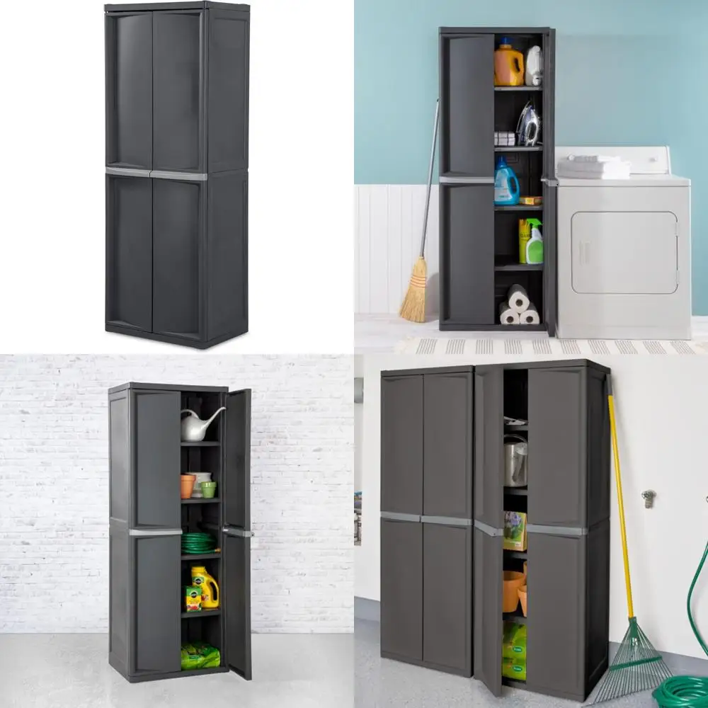 

Шкаф из 2 предметов с 4 полками, запираемый шкаф для хранения с регулируемыми полками, серый — пластиковый стеллаж для организации гаража, сковороды