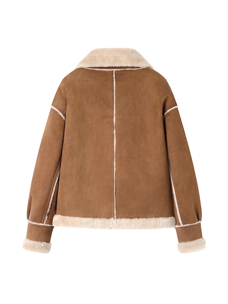 เสื้อโค้ทขนเฟอร์เทียมแบบเย็บต่อผ้ากำมะหยี่หนังกลับแฟชั่นสำหรับผู้หญิง สไตล์เรโทร หนังและขนเฟอร์ผสมผสาน เหมาะสำหรับใส่เดินทาง แขนยาว