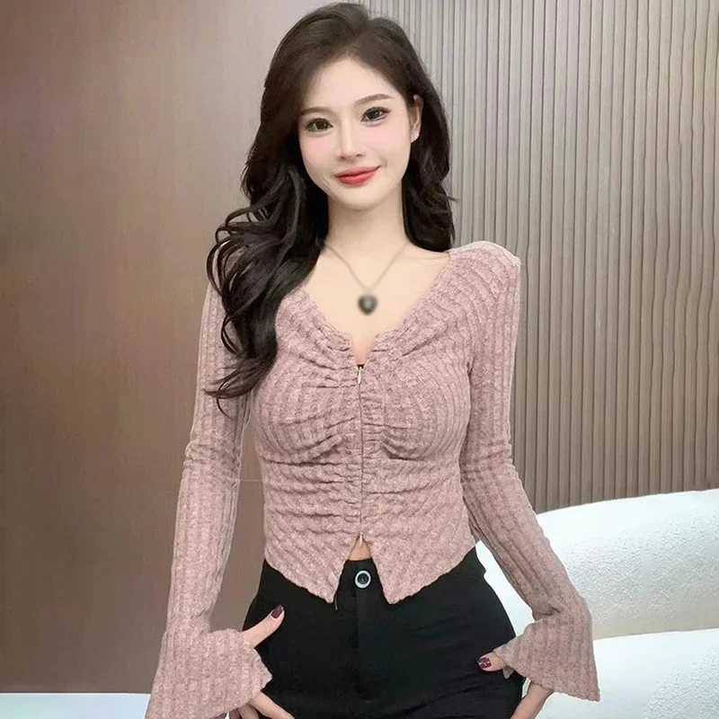 Women's Autumn/Winter flash long sleeve knit sweater Autumn/Spring long sleeve T-shirt 2023 slim V-neck base short Spice chic to