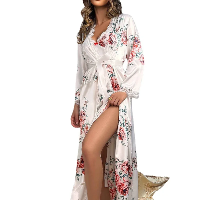 Print Flower Long Robe Kimono Bathrobe Gown Sexy Lace Sleepwear Spaghetti Strap Nightgown Home Dressing Gown Satin Nightwear