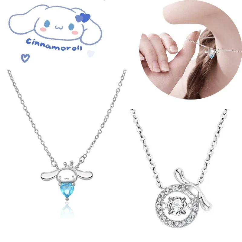 

Kawaii Sanrio Cinnamoroll Sea Blue Diamond Pendant Cartoon Premium Necklace Women Light Luxury Sexy Clavicle Chain Jewelry Gifts