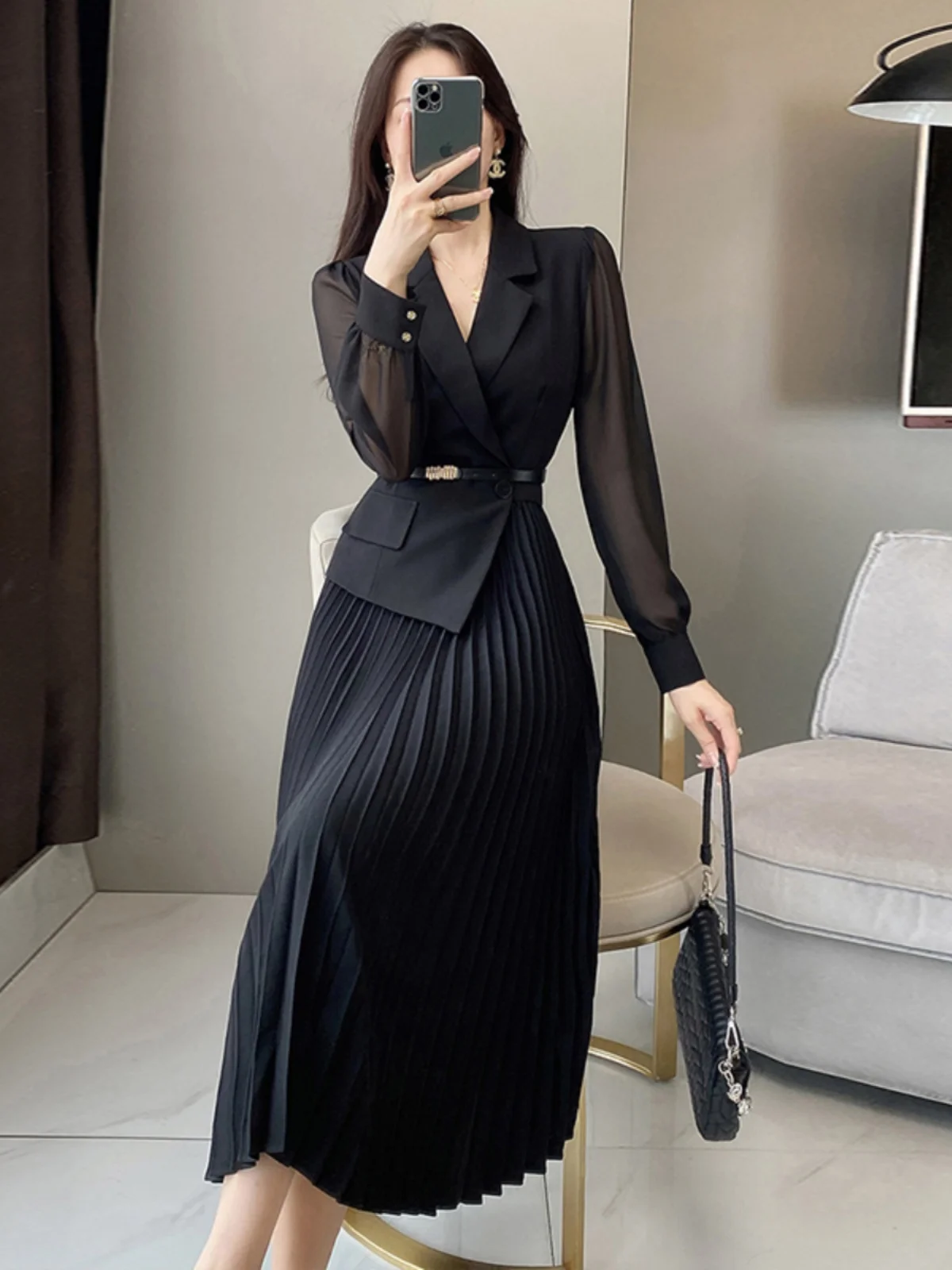 Ele Bla Women's Dr Slimming A-Line High Waist Polyester Fiber Long Sve  Collar Ci Commute Suitable