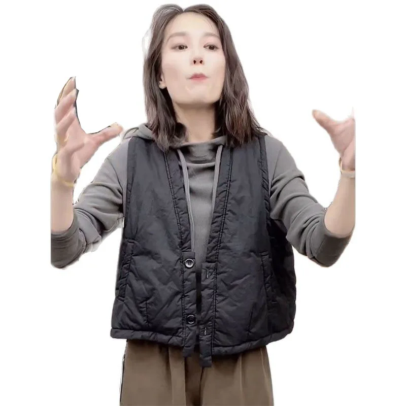 

Pure Cotton V-Neck Two Button Cotton Vest Female 2023 New Korean Autumn Winter Jacket Thickened Warm Women's Down Cotton Coat