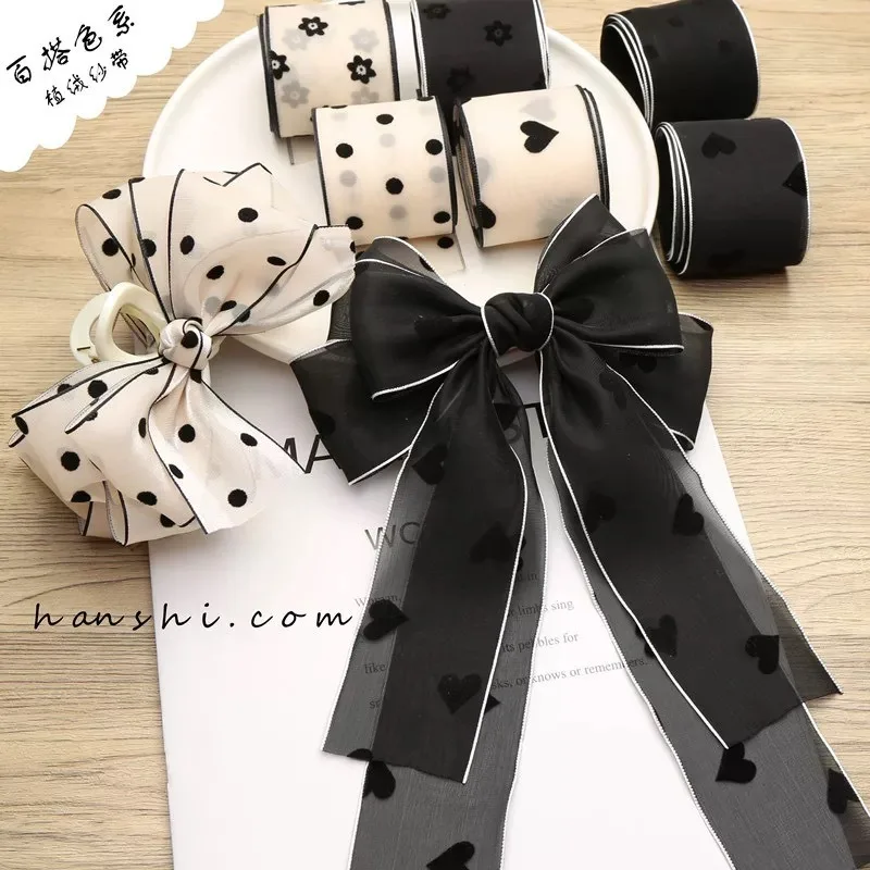 5Yards 3.8CM  Retro Elegant Black Dots Ribbon Smooth Surface  Yarn Ribbon Lace for Gift Wrapping DIY Bows Sewing Craft Supplies