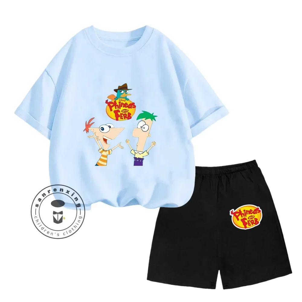 Summer Disney Phineas and Ferb Cute Cartoon Print Design O-neck Loose T-shirt + Stretch Shorts Casual Fashion Children\'s Suit