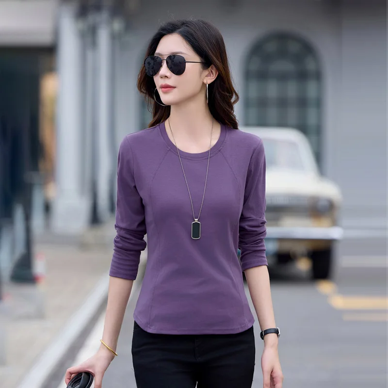 

Новая женская футболка с круглым вырезом с длинным рукавом, весенне-осенняя женская базовая рубашка, эластичная повседневная женская футболка
