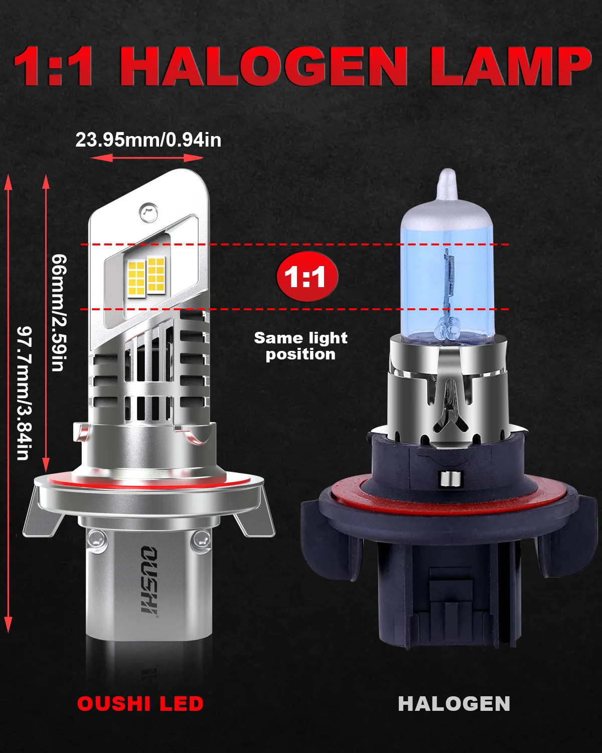 مصابيح أمامية OUSHI H13 LED، مطورة 600% 6500K أبيض زينون 1:1 مصابيح LED صغيرة الحجم H13، توصيل وتشغيل 20000LM 9008 Hi/Lo Led