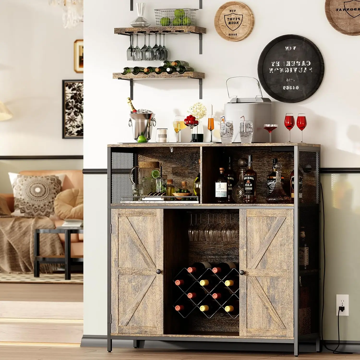 Wine Bar Cabinet with Power Outlets, Liquor Cabinet with LED Lights and Glass Holder, Industrial Storage Buffet Cabinet Coffee B