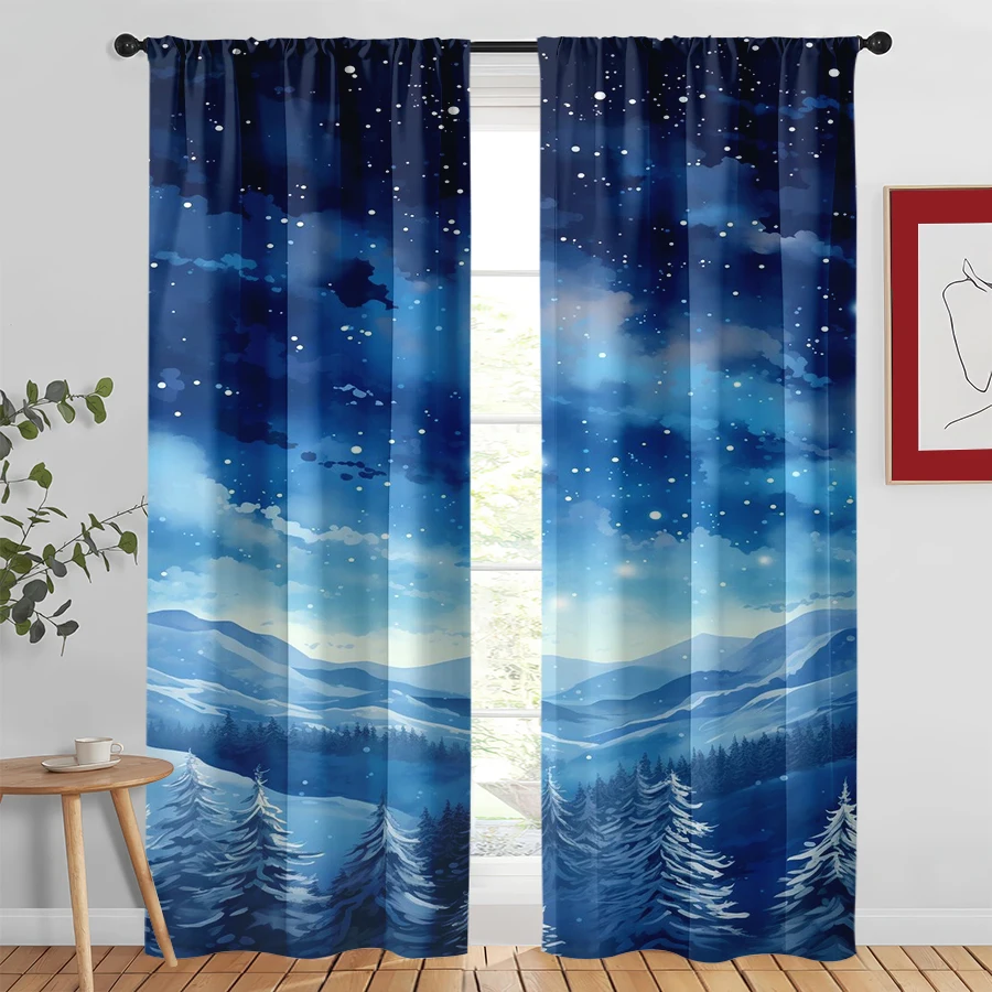 2PCS Scenic Curtains, Snowy Mountains Pine, Digital Print, Bedroom Living Room Kitchen, Rod Pocket Polyester, Home Decor
