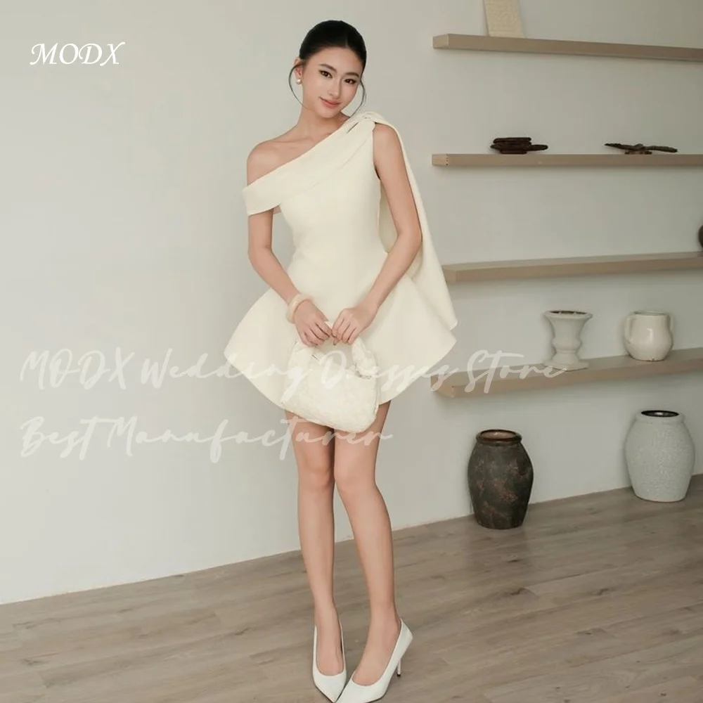 MODX Chic Korean Evening Dress Ivory One Shoulder Cape Short Mini Peplum Satin Formal Luxury Party Prom Gowns Vestidos Elegant