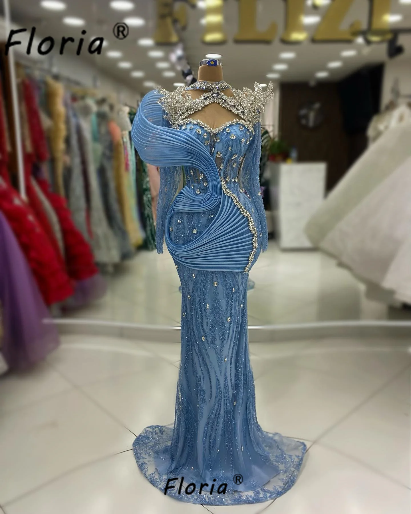 

Elegant Crystal Beaded Mermaid Evening Dresses Couture Blue Wedding Party Gown Woman Celebrity Prom Customized Vestidos de noche