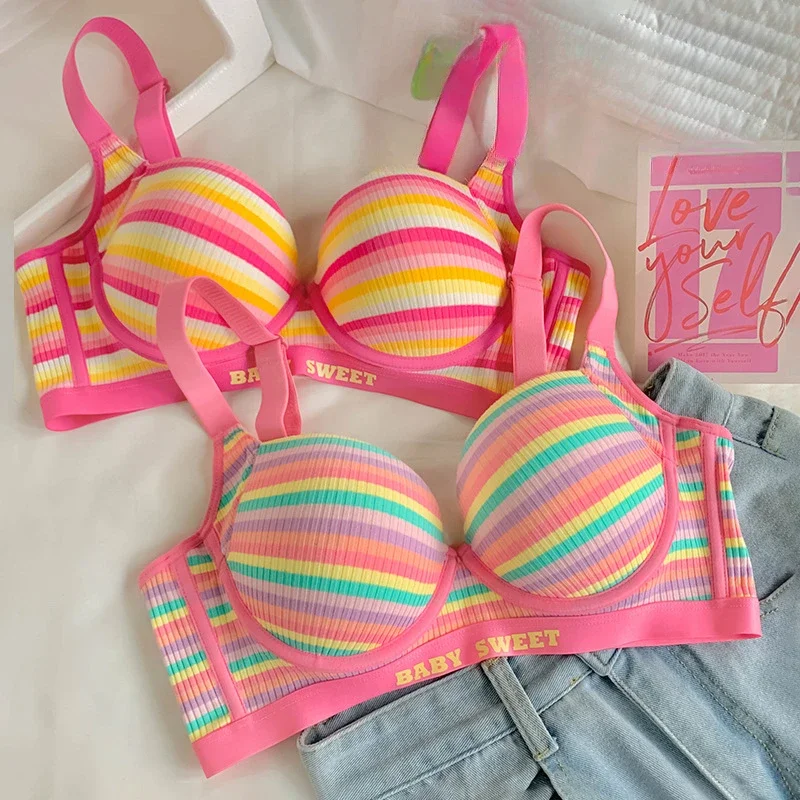 

Sexy Bra for Women Tops Dopamine Rainbow Girl Seamless Bra Steel Ring Free Underwear Lingerie Bralette