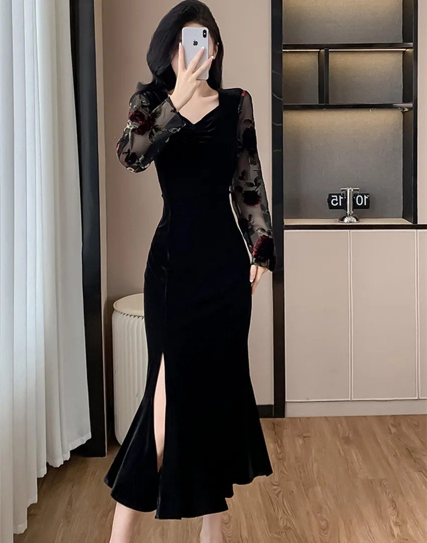 New Autumn Winter Flocking Rose Flower Spliced Velvet Mermaid Dress Elegant Women V Neck Slim Bodycon Split Party Midi Vestidos