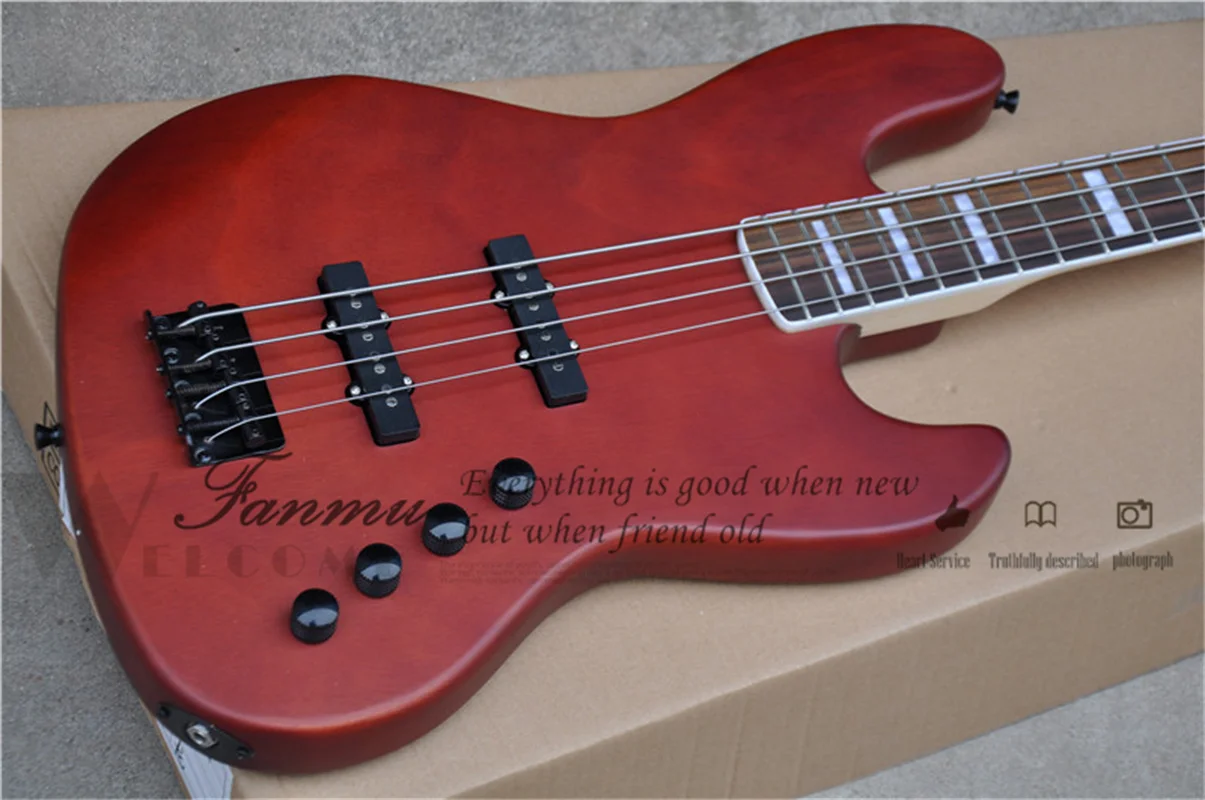 Matte Red Brown Bass Guitar 4 Strings Bass Jaz Bass Mahogany Body Maple Neck Rosewood Fingerboard Strings Though Body