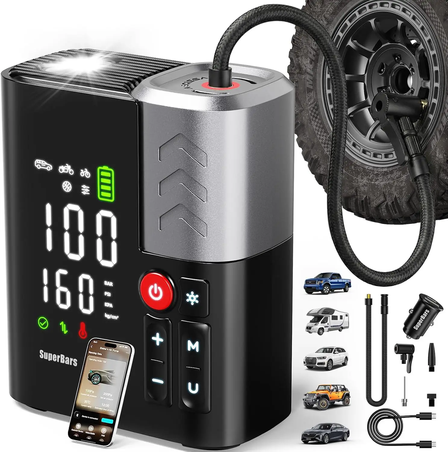 Portable Air Compressor Tire Inflator, 160PSI 48LPM Electric Pump with 10400mAh Battery, 3X Faster APP Control, 45W Quick Charging, for Car SUV Pickup RV MPV Truck