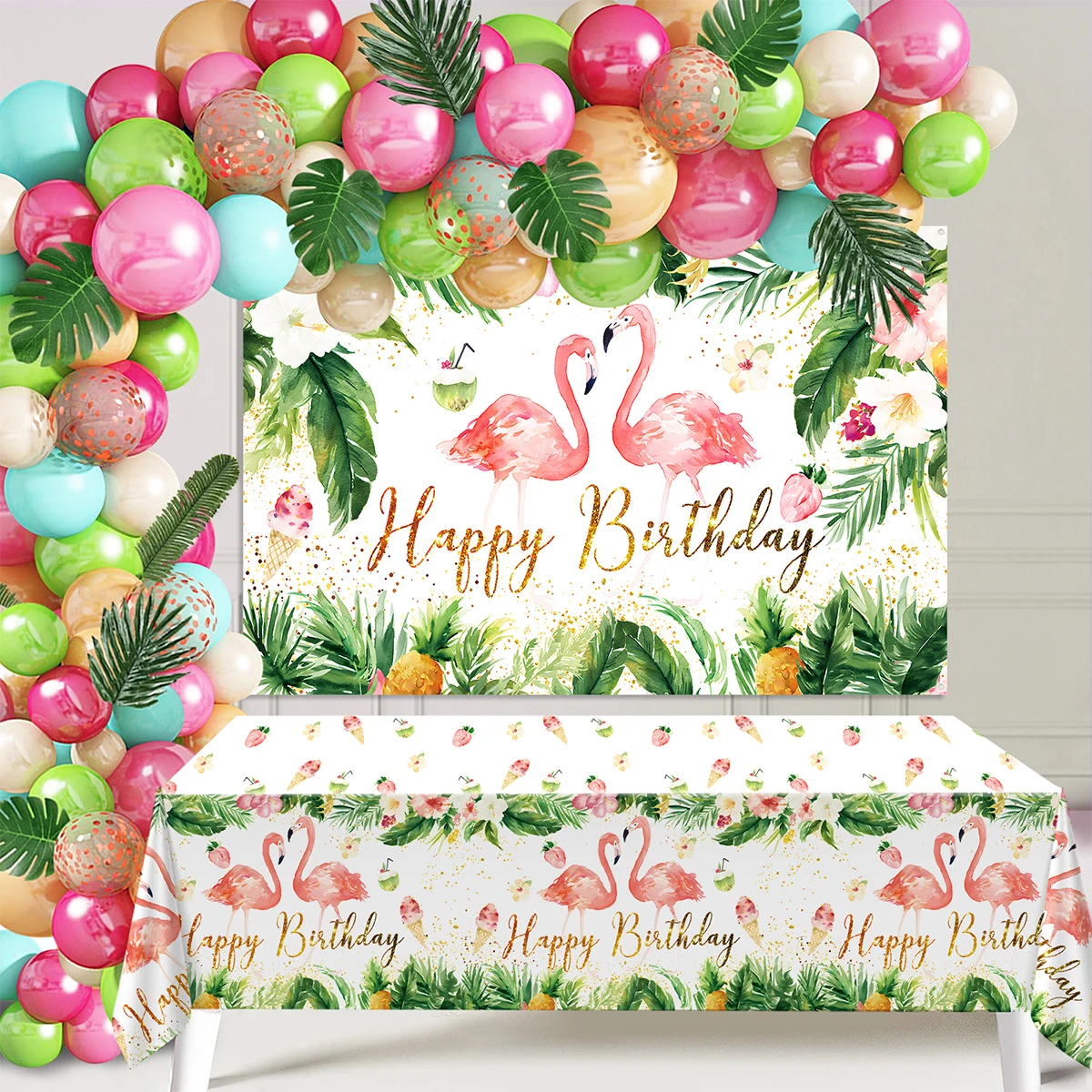 

Hawaiian Flamingo Theme Party Decoration Balloons Arch Garland Backdrop Tablecloth Set for Tropical Summer Birthday Party Decor