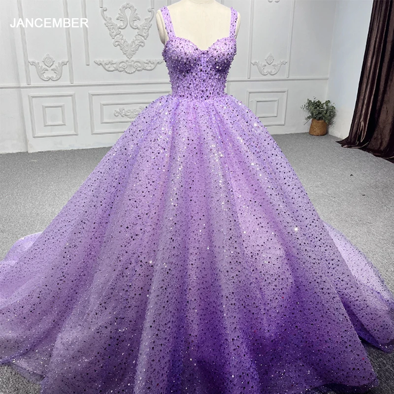 

Jancember Beading Women's Long Dress Purple Organza With Full Sequins Spaghetti Strap Quinceanera Evening Dress Avondjurken