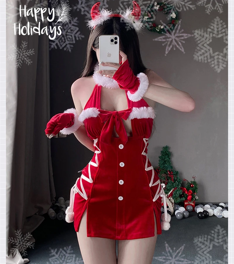 Women's Santa Costume Mrs. Claus Xmas Fancy Dress Fur Sexy Mini Halter Red Dress With Buttons and Lacing Christmas Party Cosplay