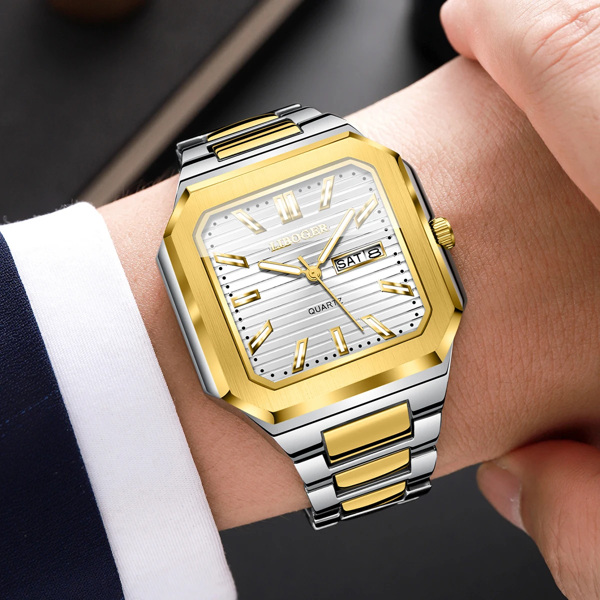 Fashion Square Men Calendar Quartz Watch Stainless Steel Strap Business Wristwatch Casual Clock Relogio Masculino（Without Box）