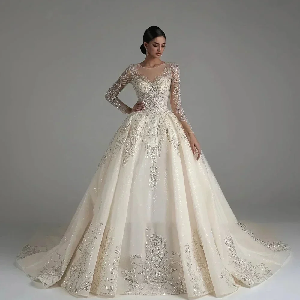 

Customzid Wedding Dress Luxury Beaded Applique Princess Ball Gown Long sleeve Bridal Gown Robes Vestidos De Novia