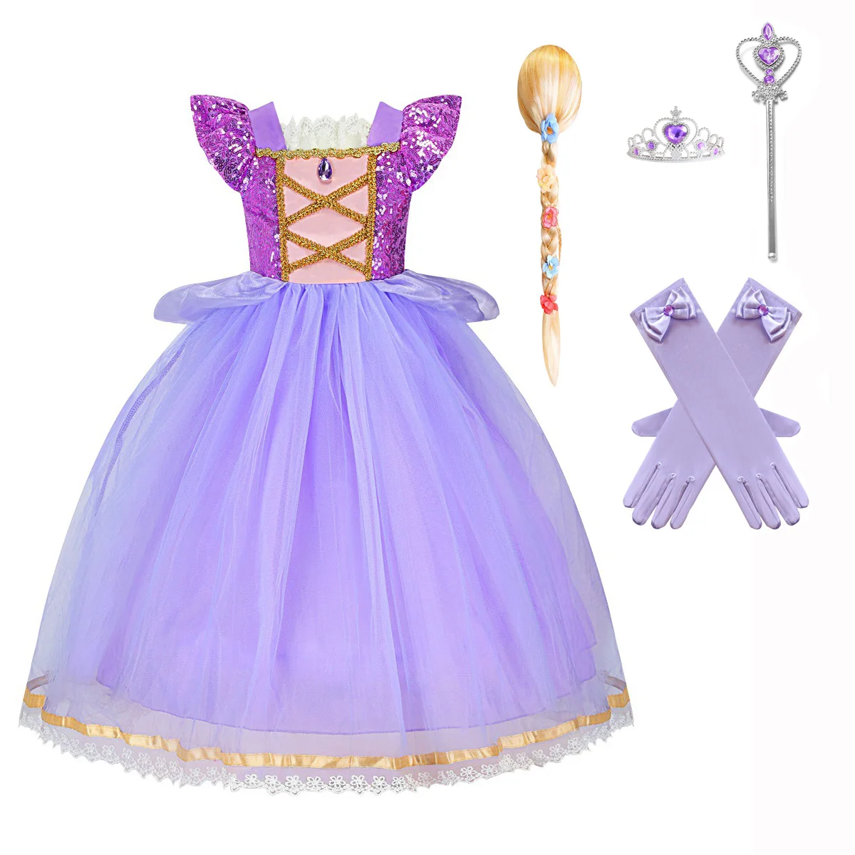 Rapunzel Princess Dress for Girls Purple Sequin Tulle Tutu Gown Halloween Kids Cosplay Costume for Children Birthday Party Dress