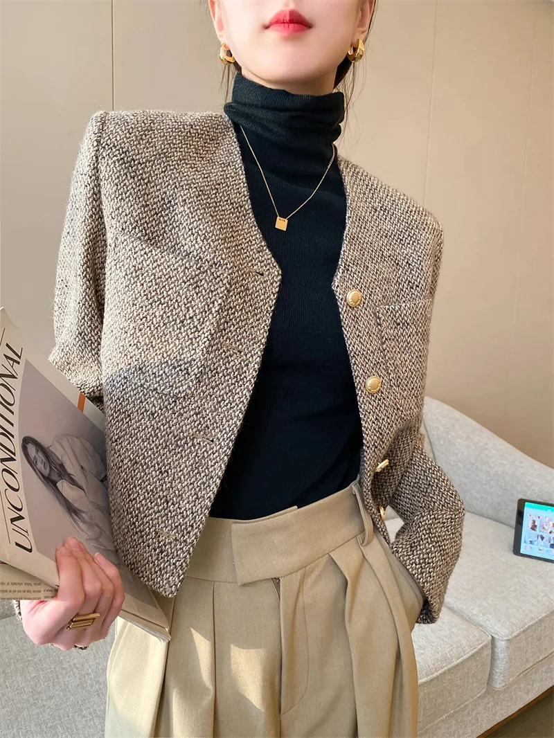 سترة تويد مقصوصة كلاسيكية للسيدات سترة قصيرة أنيقة للخريف كورية واحدة الصدر تناسب كل مباراة ملابس خارجية أنيقة غير رسمية