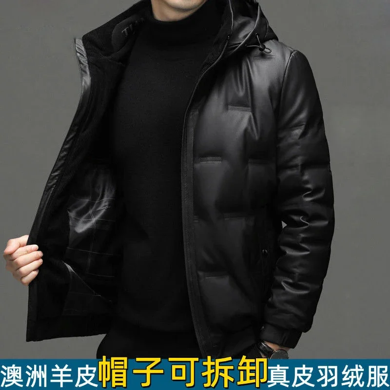 Men's Genuine Leather Luxury Down Jacket Man Winter Hooded Short Thicken Large Size Sheepskin Coat Male Oversized Puffer