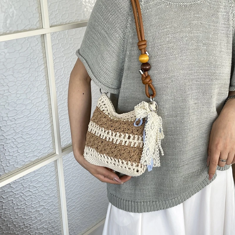 2026 Summer Boho Crochet Straw Shoulder Bag with Ribbon Bow Women's Handwoven Woven Crossbody Purse Cute Summer Beach Tote view 3