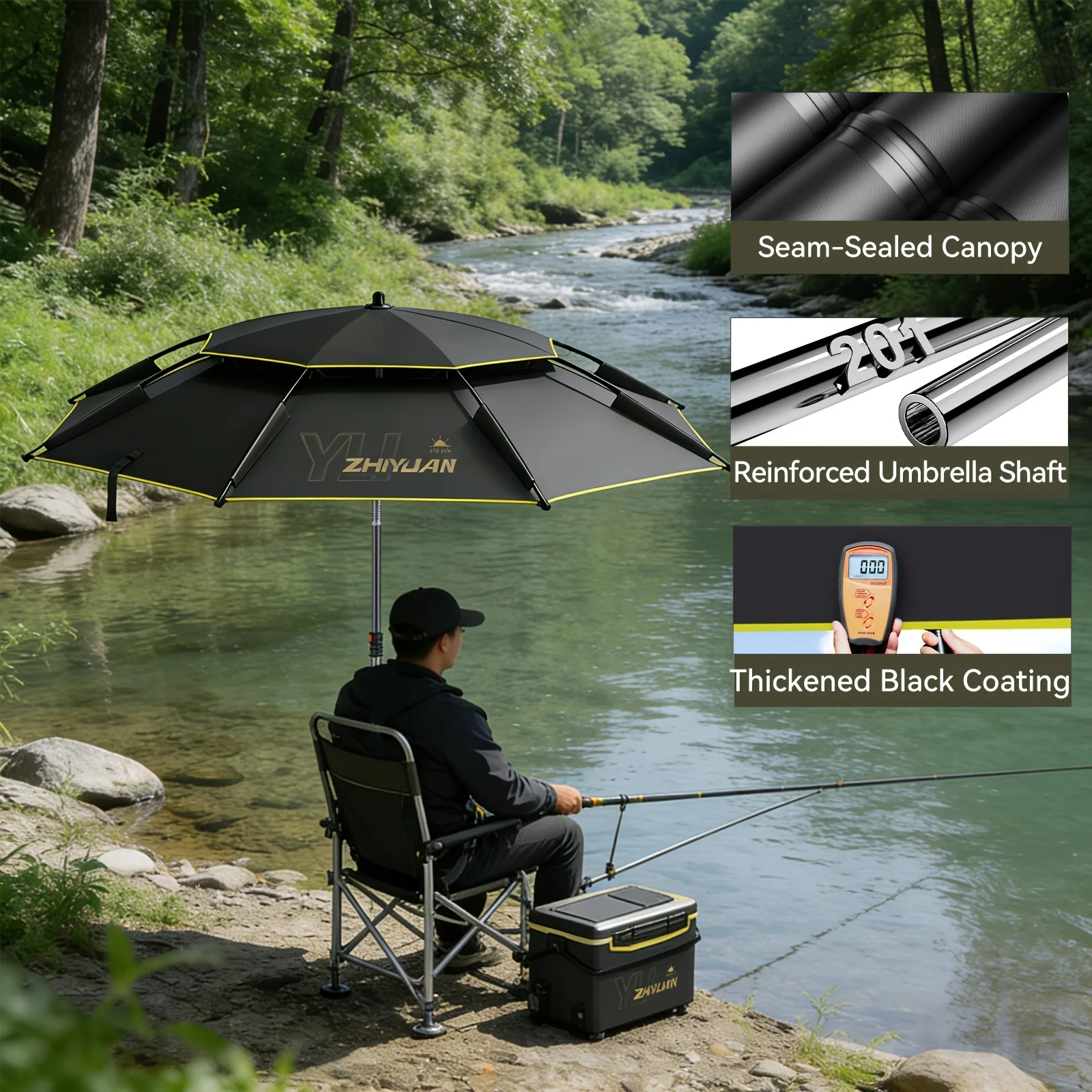 Random Pole Fishing Umbrella | Thickened Black Glue Sunshade | 360° Adjustable | Stainless Steel / Spring Pole | With Carry Bag