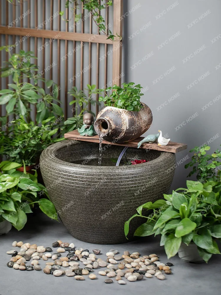 Ceramic Water Fountain Fish Tank Pottery Tank Water Circulation Landscape Ancient Fish Tank Living Room Balcony Floor Large