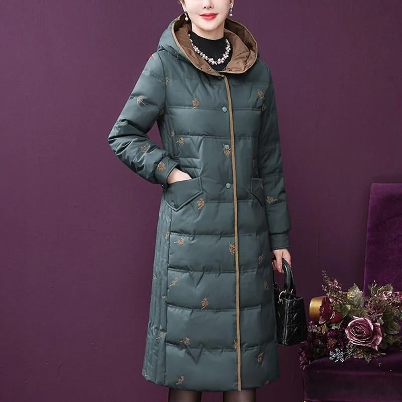 

2023 New Middle-aged Woman Down Jacket Winter Coat Long Over The Knee Outwear Slim Hooded Parkas Nobleness Embroider Outcoat