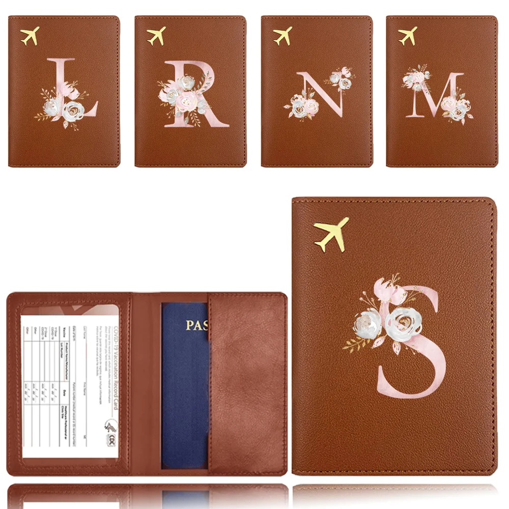 Passport Protection Cover Fold PU Travel Air Ticket Passport Clip Storage Business Card Credit Card Pink Flower Letter Pattern