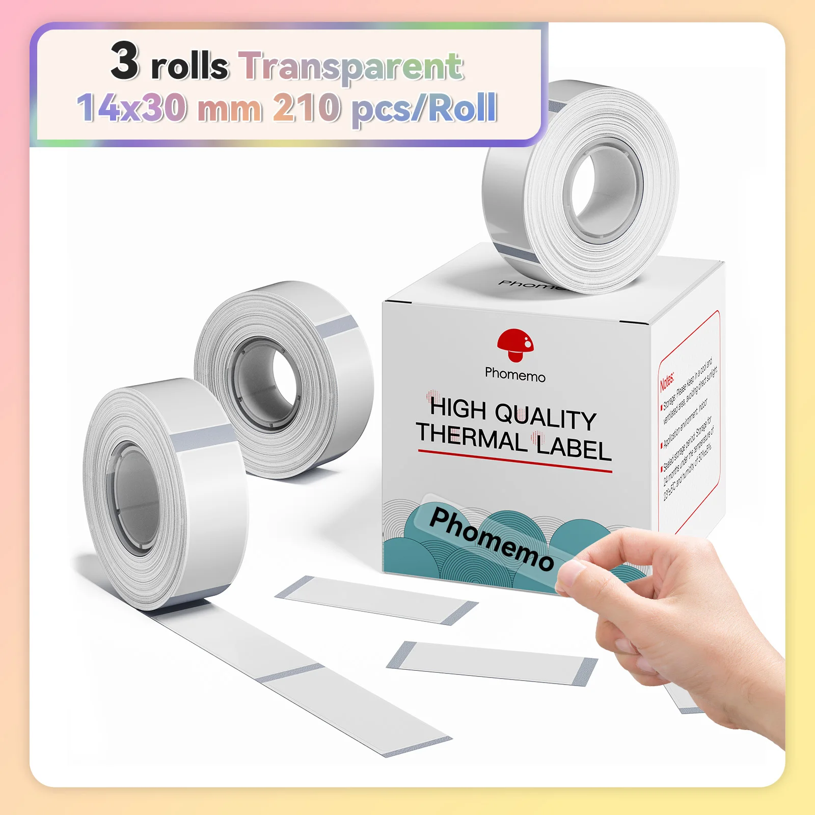 Rollo de papel adhesivo para impresora Phomemo Q30 D30, cinta de etiquetas blanca, cinta de etiquetas transparente para etiquetadora de 6/12/14/15mm, 3 rollos