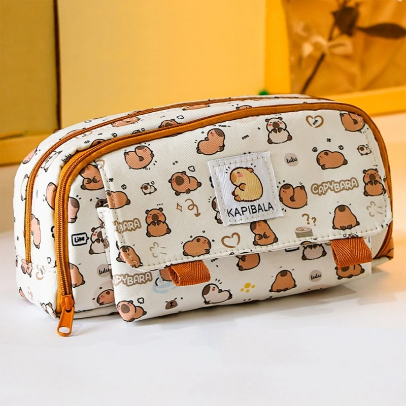 กระเป๋าปากกากล่องดินสอผ้าใบ Capybara พร้อมที่ใส่เครื่องเขียนหลายช่อง