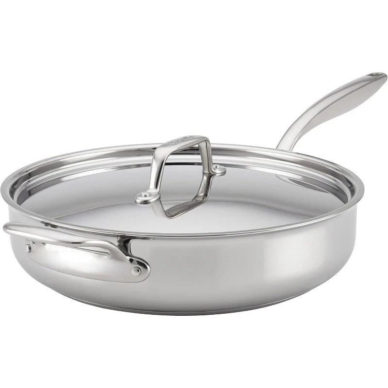 Clad Stainless Steel Saute Pan / Frying Pan / Fry Pan with Lid and Helper Handle - 5 Quart, Silver