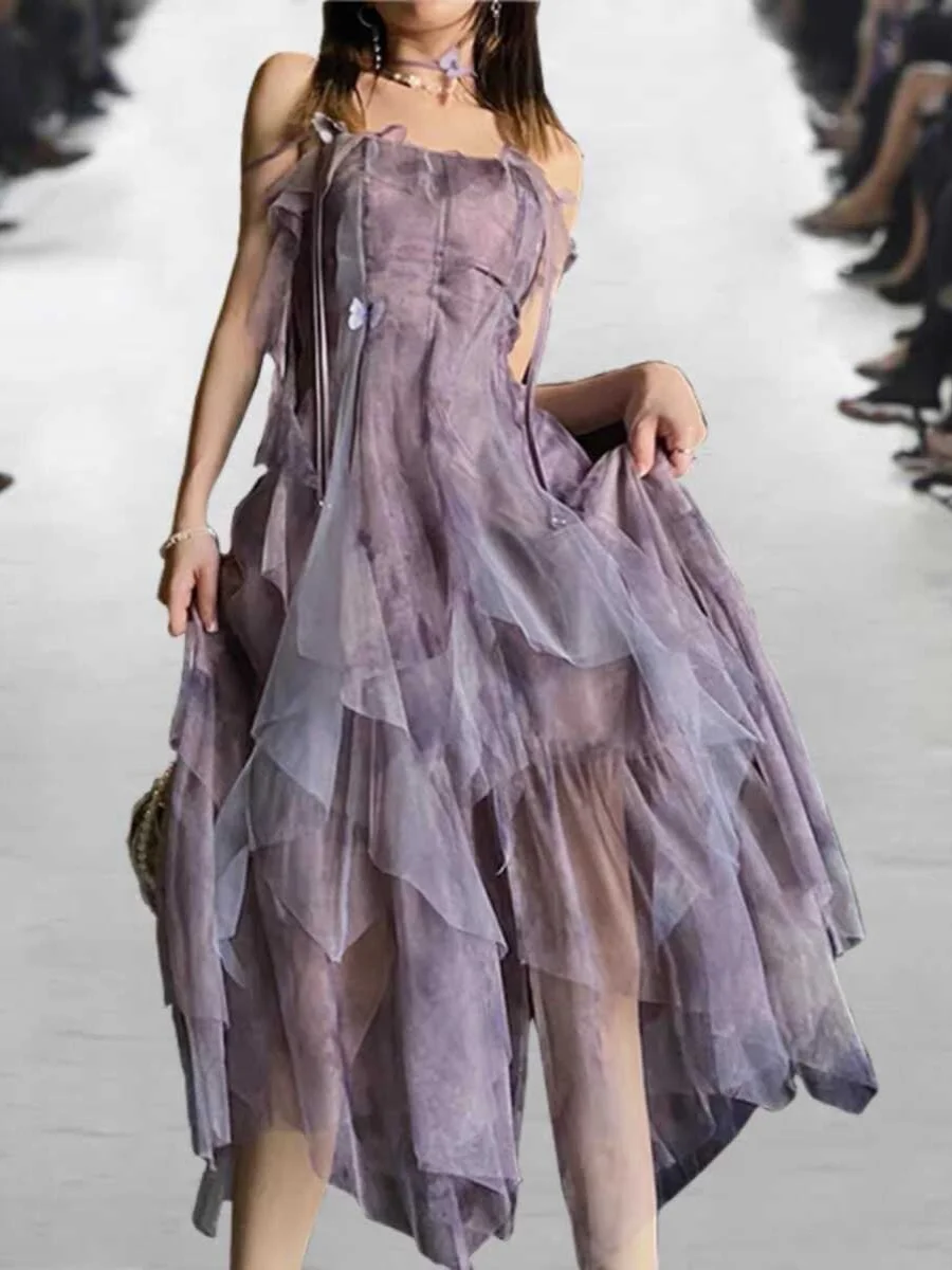 Elegant Summer Fairy Dress JZ Crafted Asymmetrical Holiday Vibes Strap Long Gown Women's High Waist Gown Non-stretch Fabric