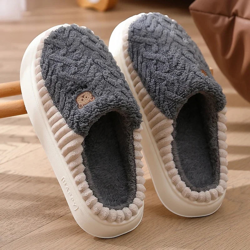 New Men Fluffy Slippers Women Thick Sole Slides Winter Warm Furry Shoes Lovers Bedroom Home Non-Slip Platform Plush Flats