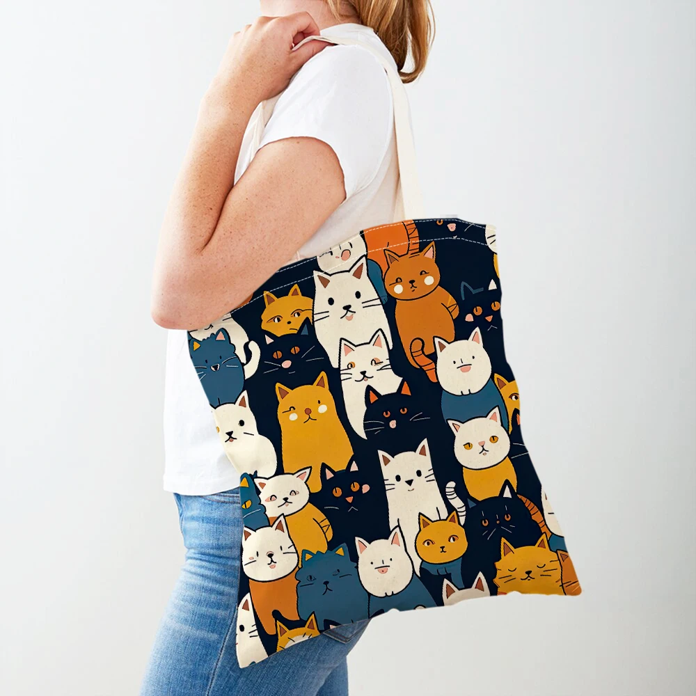 Fashion Cartoon Coffee Cat Women Tote Handbag Pet Animal Double Print Canvas Lady Shopping Bag Children Shoulder Tote