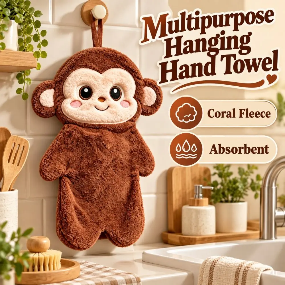 New Monkey Shape Hanging Hand Towel Absorbent Thickened Coral Fleece Towel Soft Odor Resistant Cartoon Hand Cloth Kitchen