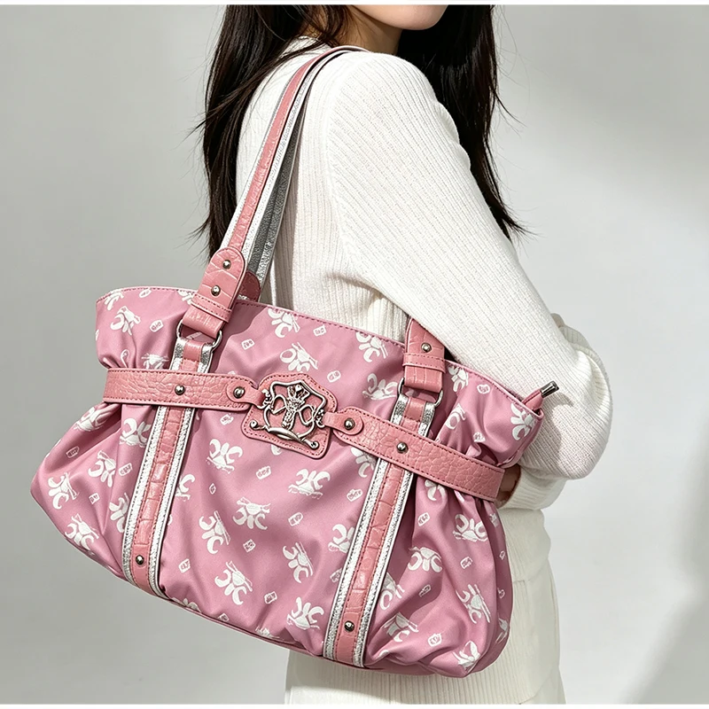 Koreanische Y2K-Style-Schultertasche, süßes, trendiges Design mit rosa Aufdruck, Damen-Tragetasche, Vintage-Nieten-Dekor, leichte, gerüschte Handtasche für den Alltag – Detail 22